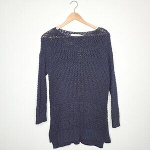 Loft Navy Blue Open Knit Crochet Tunic Sweater Cotton Blend Pointelle Pullover M